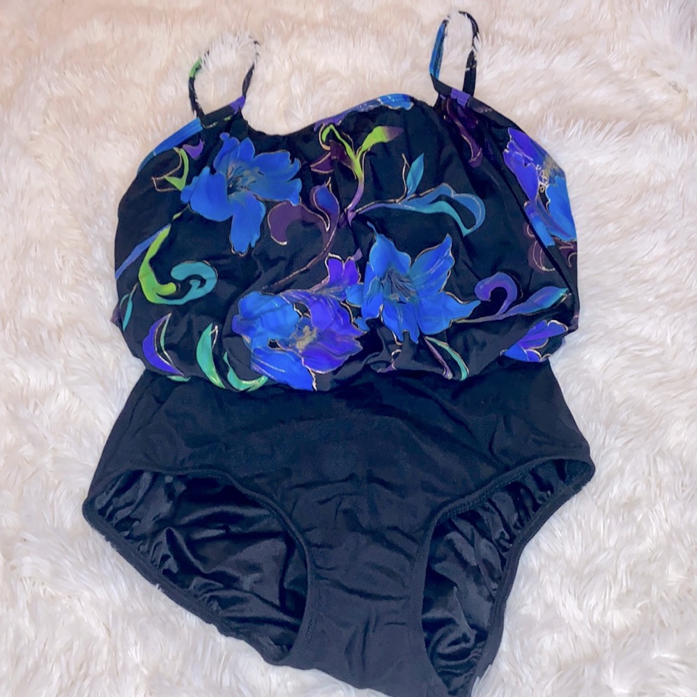 Inches Away Purple Blue Floral Black Bathing Swimsuit Size 14